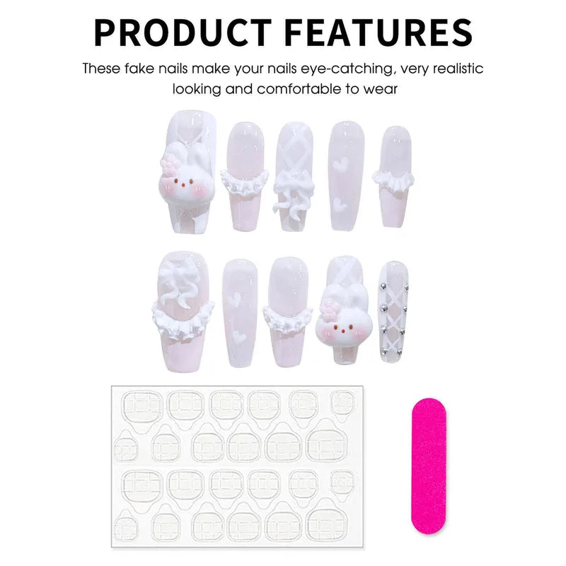 10 Pcs Long Fake Nails with Cute 3D Rabbit French Style White Tips - Handmade Press On Nails