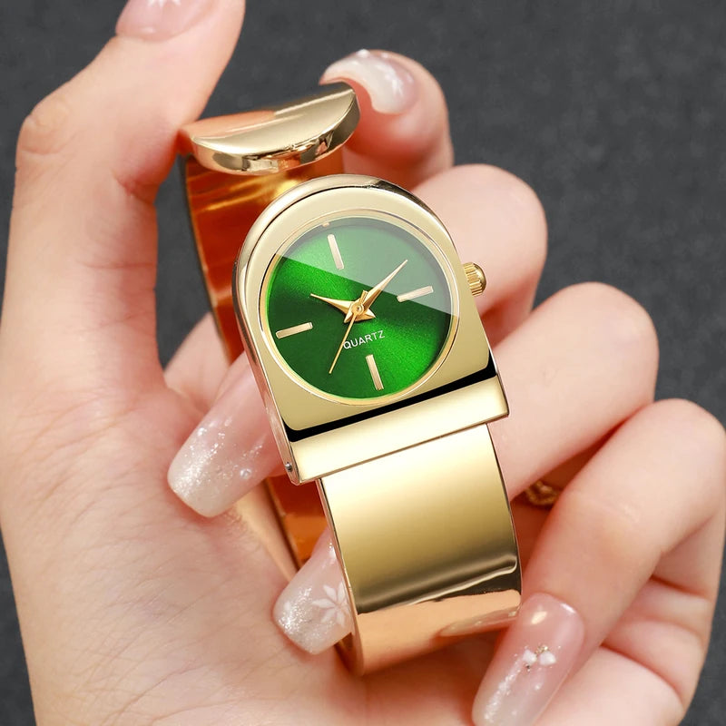 Women's Luxury Gold Cuff Watch with Unique Dial Quartz Movement - Multiple Colors