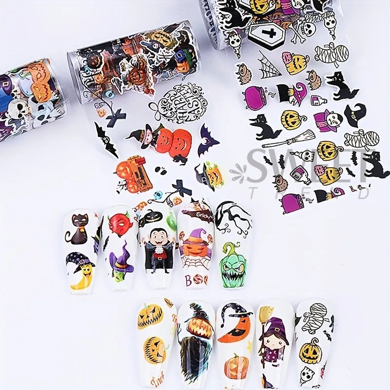 Halloween Nail Transfer Foils Set - Black Cat Bat Pumpkins Witches Starry Sky 10 Rolls
