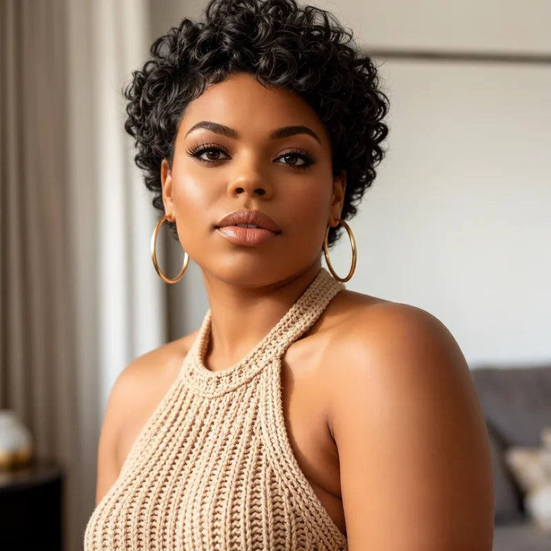 Short Pixie Human Hair Wig for Women Curly Wavy Bob Cut with Bangs