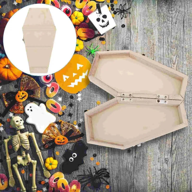 Halloween Wooden Coffin Box with Hinged Lid - Unfinished DIY Treat Container, Party Favors, Spooky Decor
