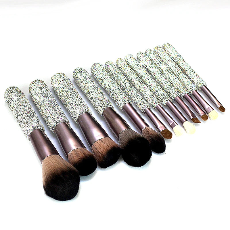 12 Piece Makeup Brush Set with Rhinestones - Face, Eye, Foundation, Blending Tools