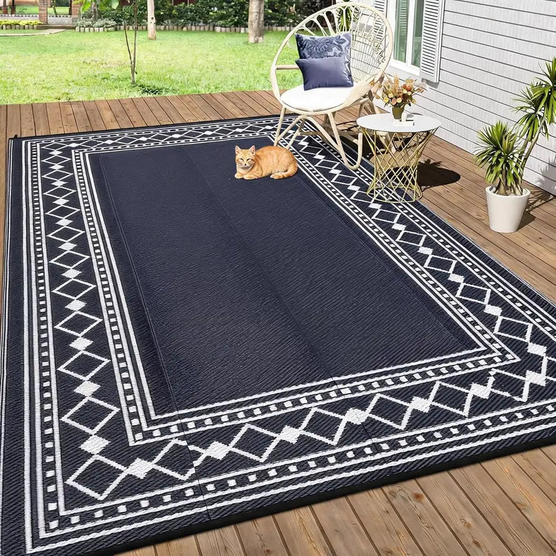 Waterproof Plastic Straw Outdoor Rug - Washable Geometric Living Room & Patio Carpet
