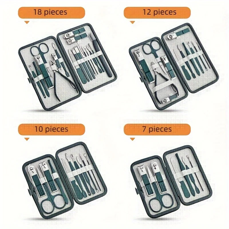 7-18 Piece Stainless Steel Nail Care Kit with Travel Case - Manicure & Pedicure Set