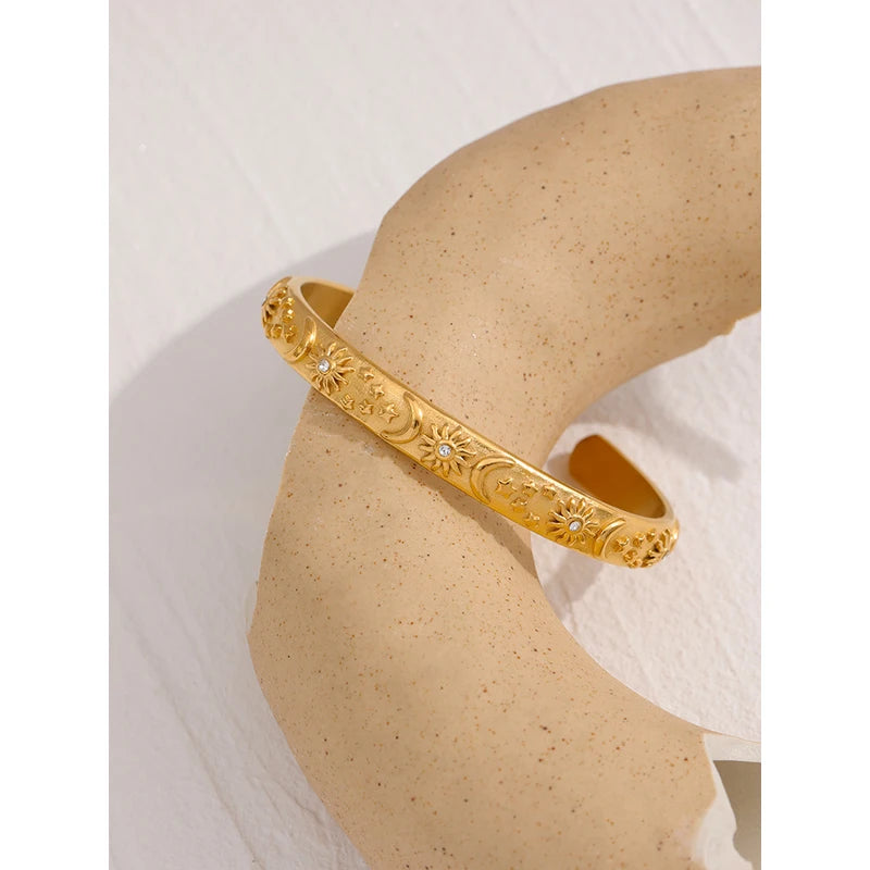 Golden Moon Star Sun Metal Bangle Bracelet for Women - Stylish Open Wrist Accessory