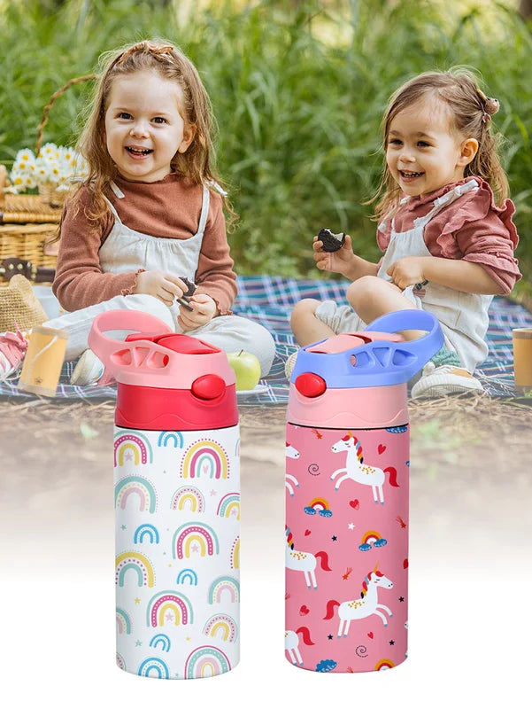 350ml Insulated Cartoon Kids Water Bottle with Straw - Animal Pattern Thermos Mug