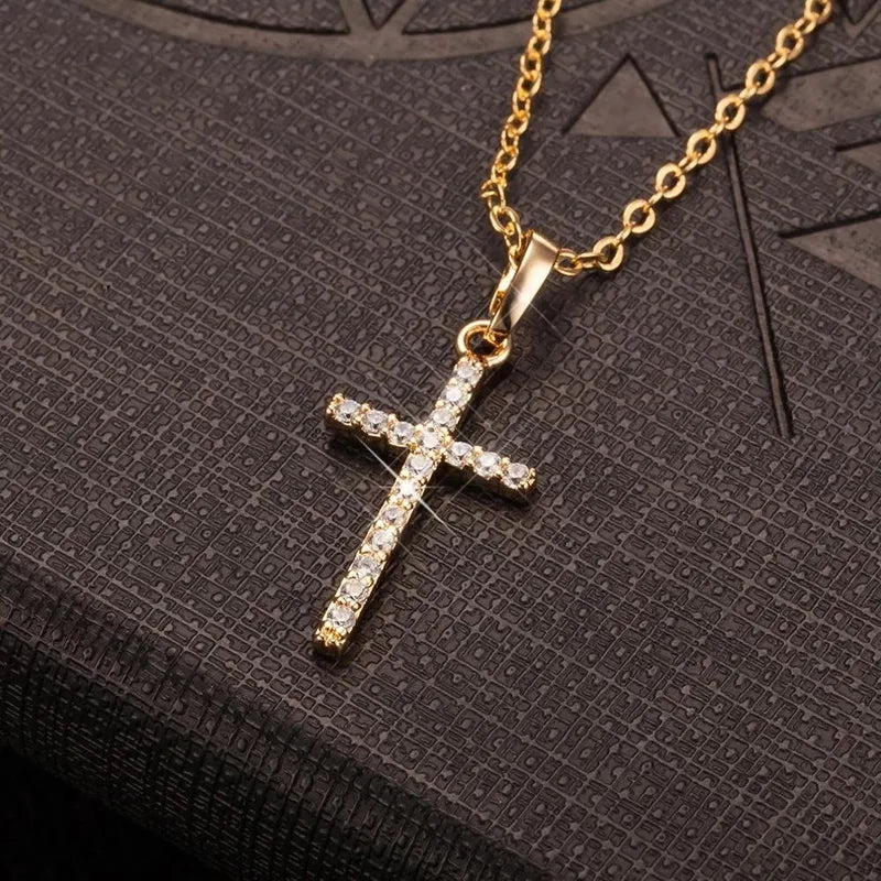 Long Chain Rhinestone Cross Necklace for Women & Men - Silver or Gold