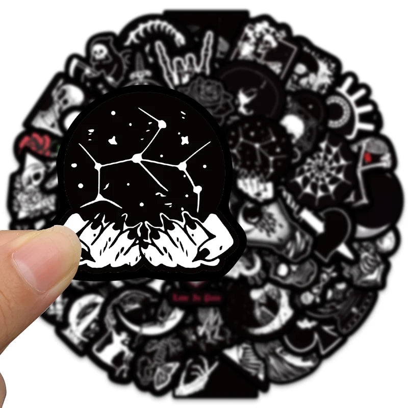 50pcs Black & White Skull Sticker Set Cartoon Graffiti Decals for Phone Laptop Luggage DIY