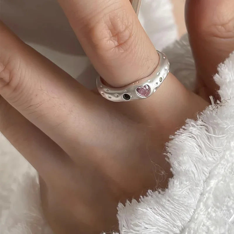 Sterling Silver Pink Stone Ring for Women Geometric Open Handmade Jewelry