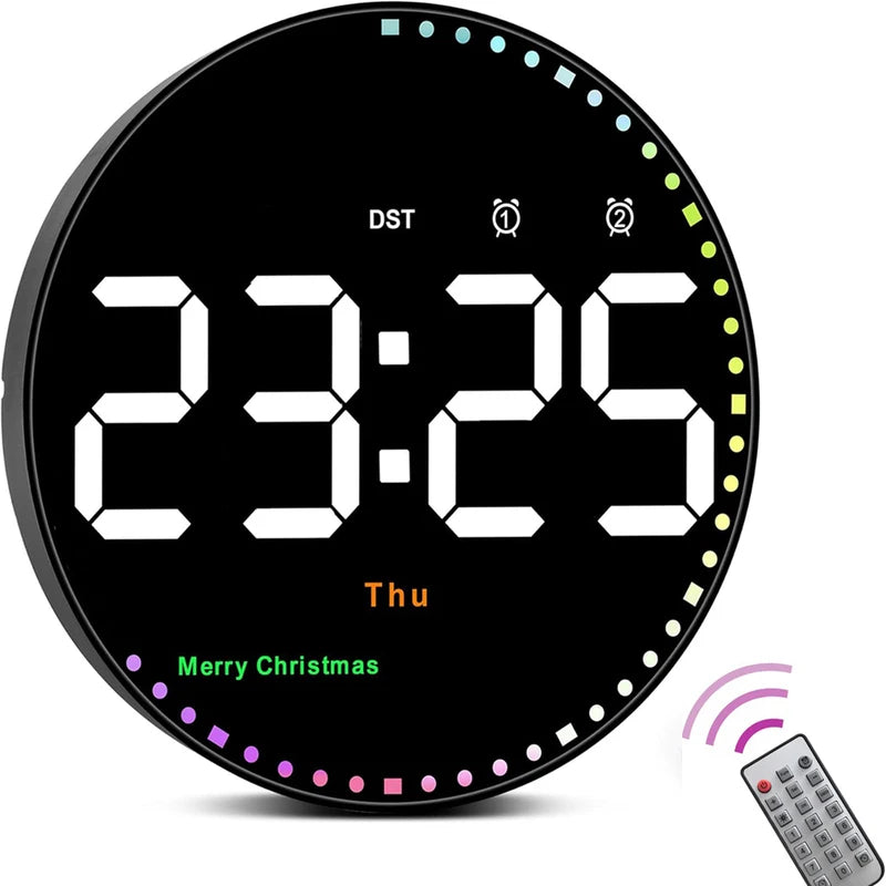 LED Wall Clock with Dual Alarms, Calendar, Temperature & Brightness Adjustable for Home