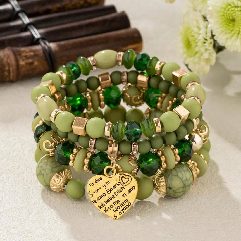 Bohemia Beaded Bracelet Set for Women and Men - Heart Charm Elastic Chain Jewelry