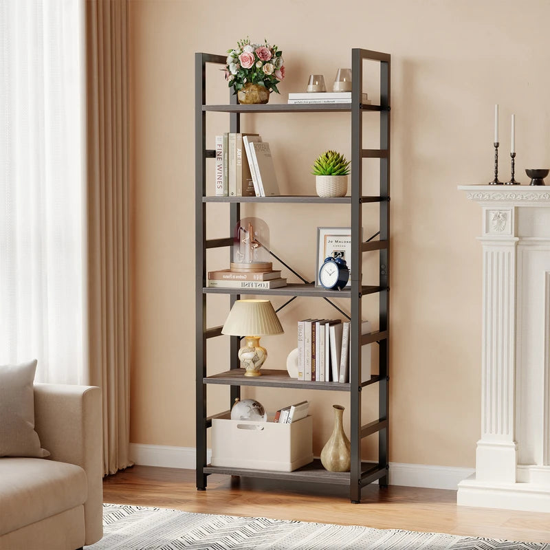 Wooden 5-Tier Standing Bookcase with Adjustable Feet - Space-Saving Shelving