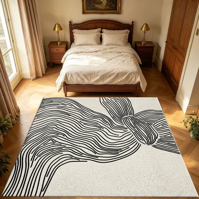 Minimalist Black Line Abstract Wave Area Rug - Boho Textured Non Slip Washable Floor Mat