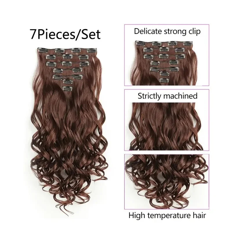 Clip In Hair Extensions 7 Pieces Full Head 22 Inch Curly Wavy Synthetic Hair for Women and Girls
