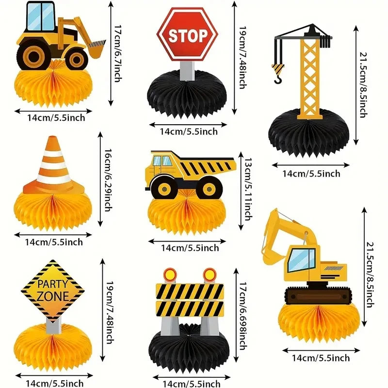 8-Pack Honeycomb Table Decorations for Party, Vehicle Excavator Design