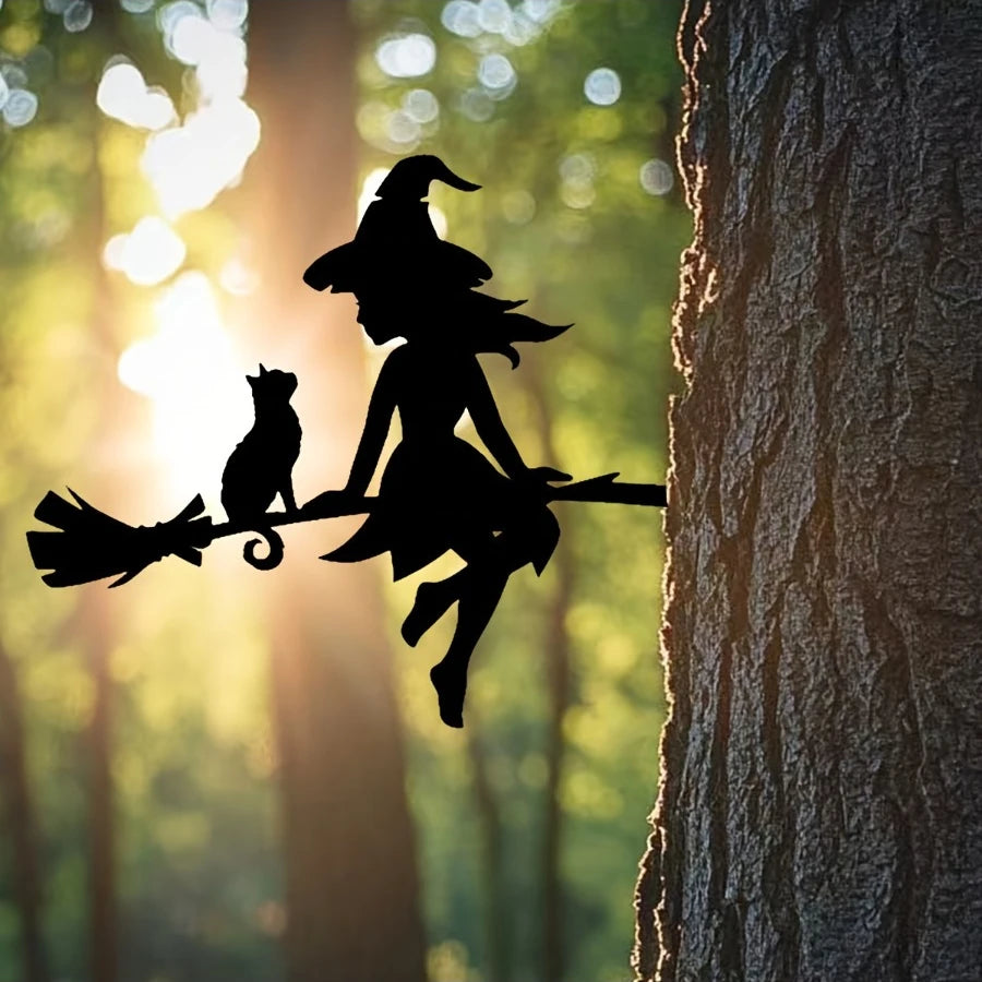 Witch & Cat Garden Decor - Durable Iron Halloween Outdoor Sculpture