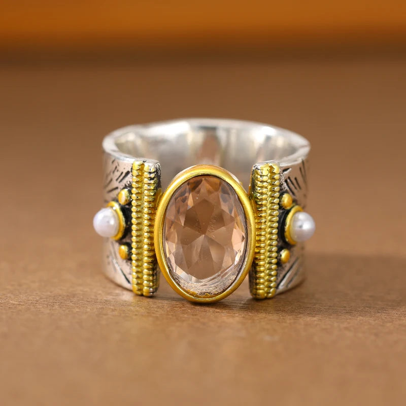 Exaggerated Wide-Gauge Vintage Ring with Artificial Gemstone in Copper - Adjustable Sizes