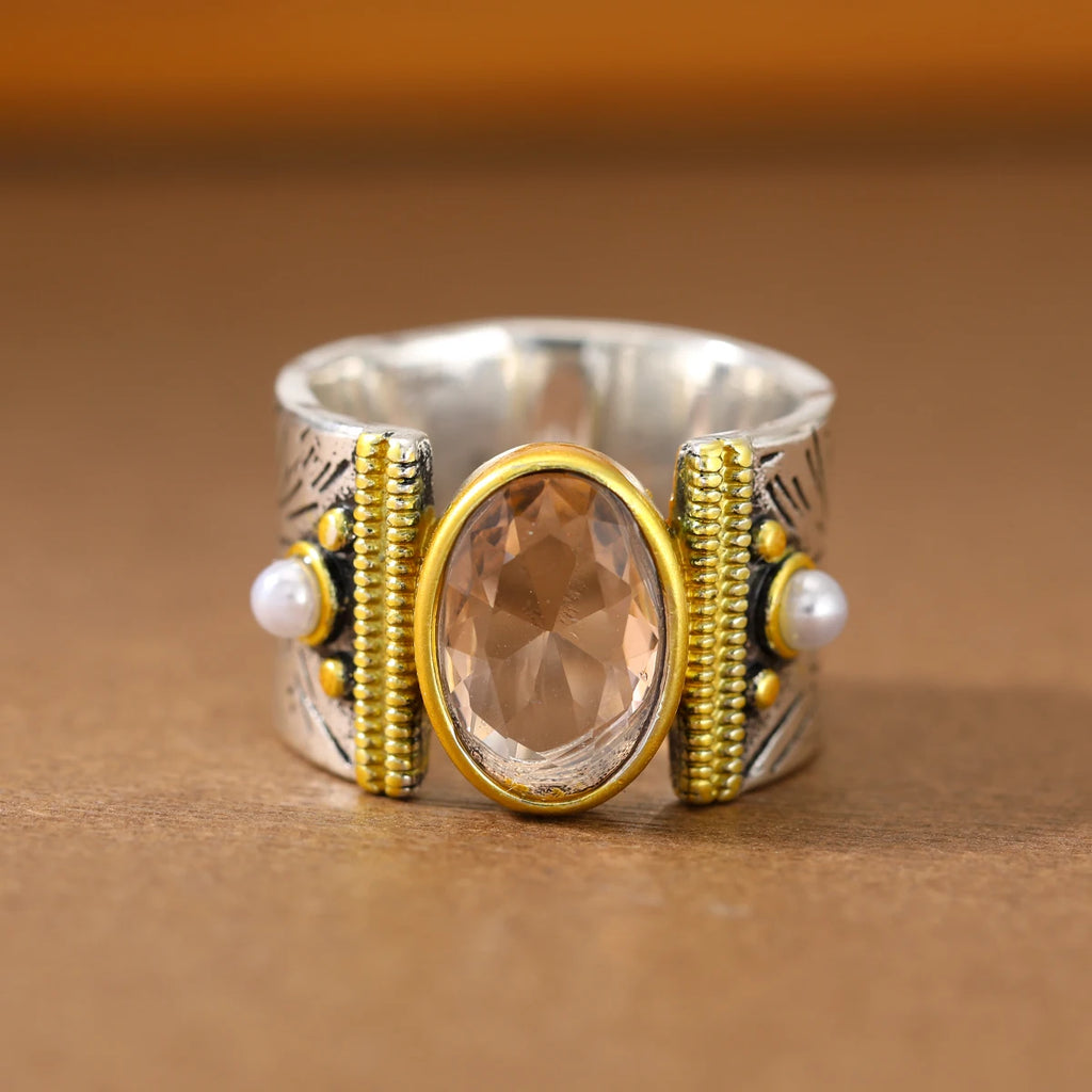 Exaggerated Wide-Gauge Vintage Ring with Artificial Gemstone in Copper - Adjustable Sizes