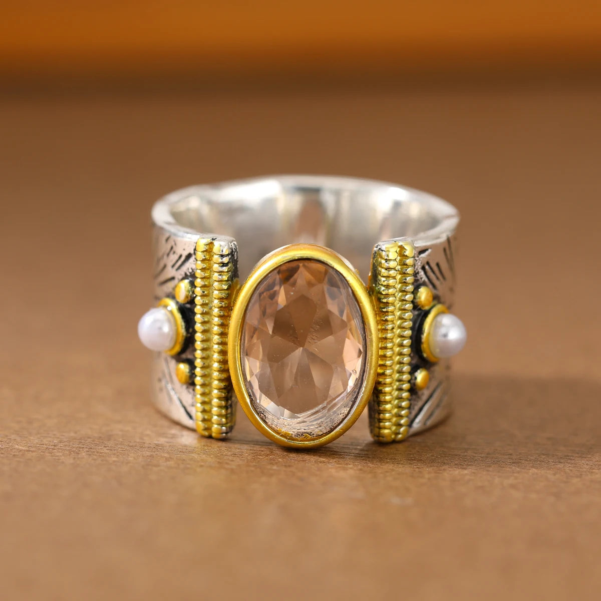 Exaggerated Wide-Gauge Vintage Ring with Artificial Gemstone in Copper - Adjustable Sizes
