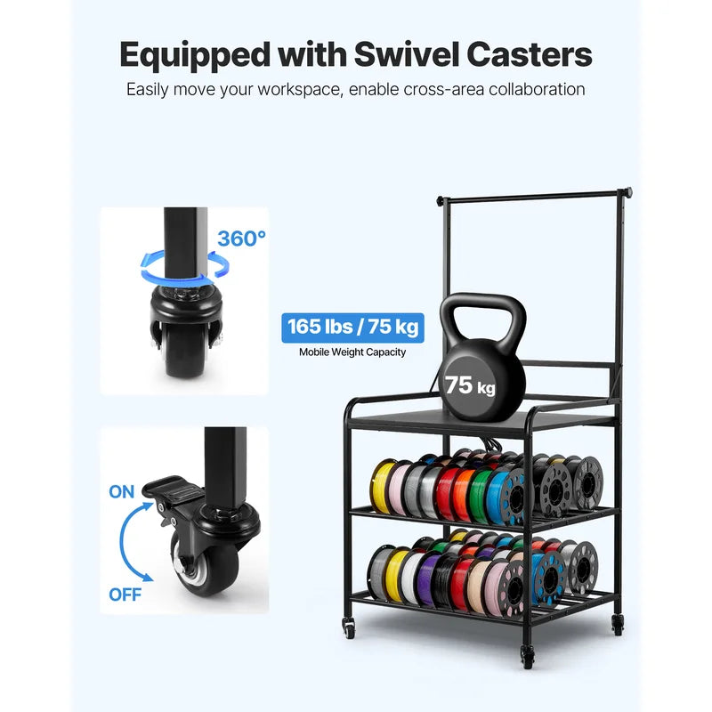 3-Tier Filament Storage Rack for 3D Printers with Wheels and Heavy Duty Steel Frame
