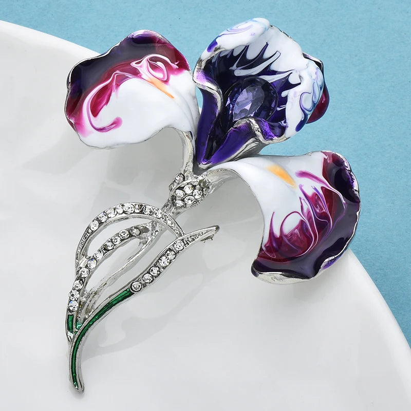 Enamel Orchid Flower Brooch for Women - Rhinestone Elegant Plant Pin Jewelry