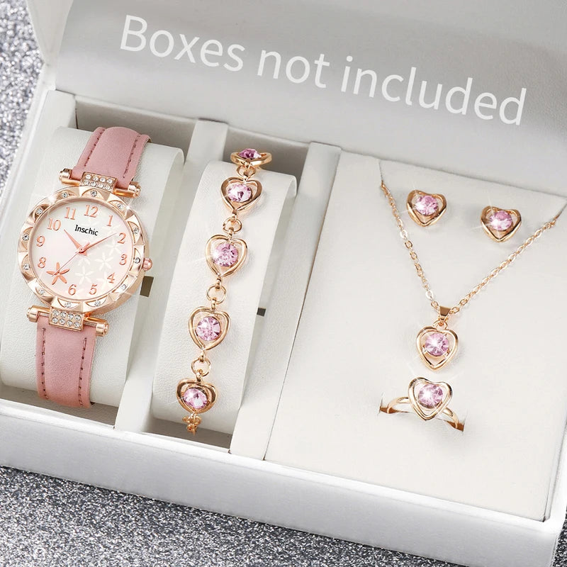Fashion Women’s Quartz Watch Set with Leather Band and Rhinestones – Multiple Colors