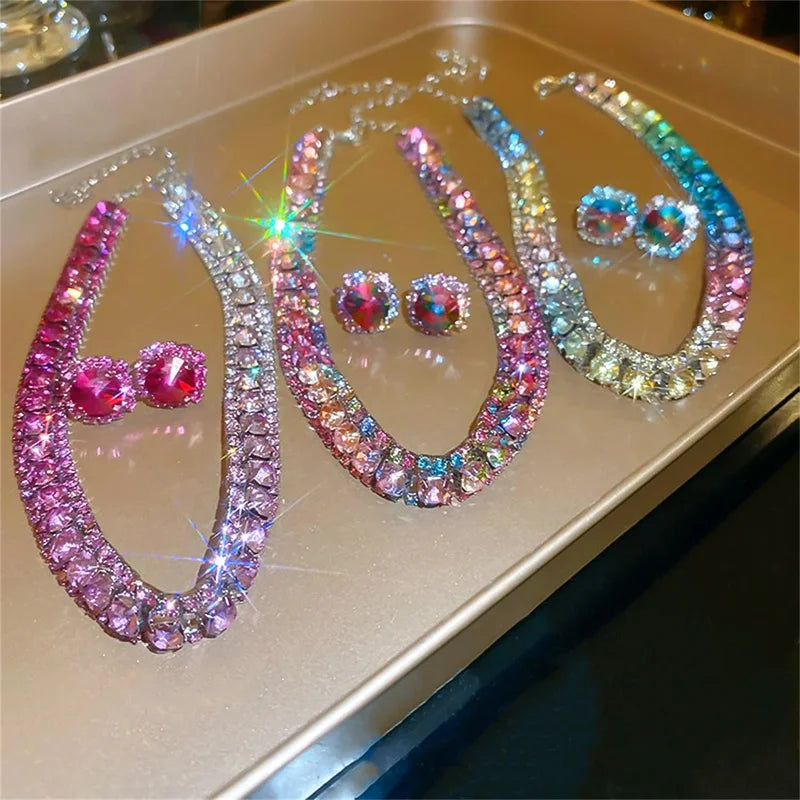 Colorful Crystal Necklace and Earrings Jewelry Set for Women Weddings Party