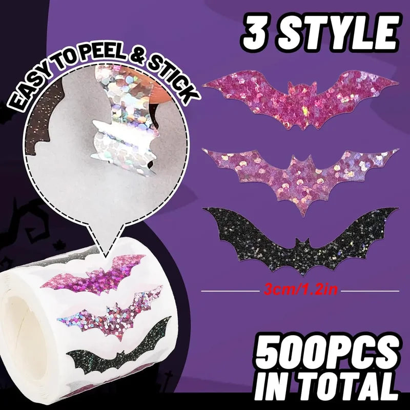 500pcs Halloween Bat Stickers Roll Waterproof Laser Black 3D Glitter Self-Adhesive Decorations