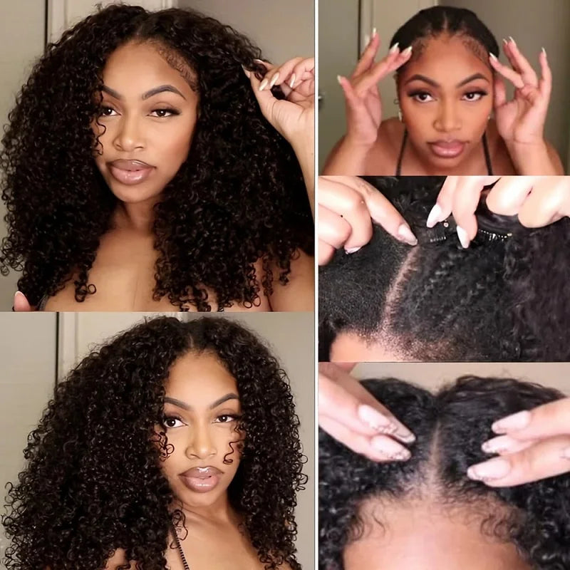 Curly Water Wave Human Hair Wigs 200% Density Glueless V Part Natural Color