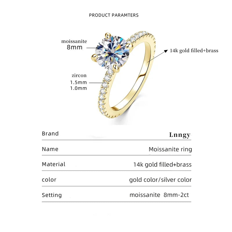 Moissanite Solitaire Engagement Ring 8mm 2ct 14K Gold Filled Jewelry for Women