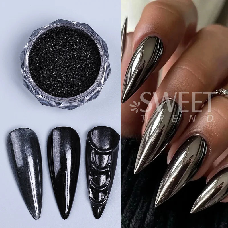 Black Mirror Nail Glitter Pigment 2pcs Y2K Chrome Rubbing Dust for Manicure