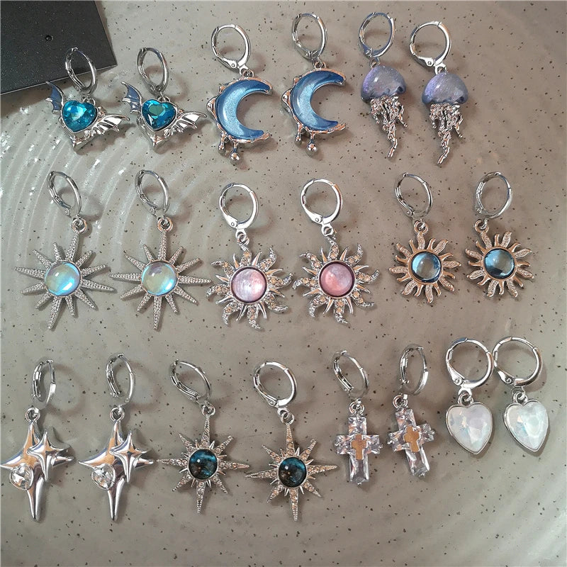 Goth Y2K Vintage Sun Moon Star Heart Pendant Earrings for Women - Scene Accessories