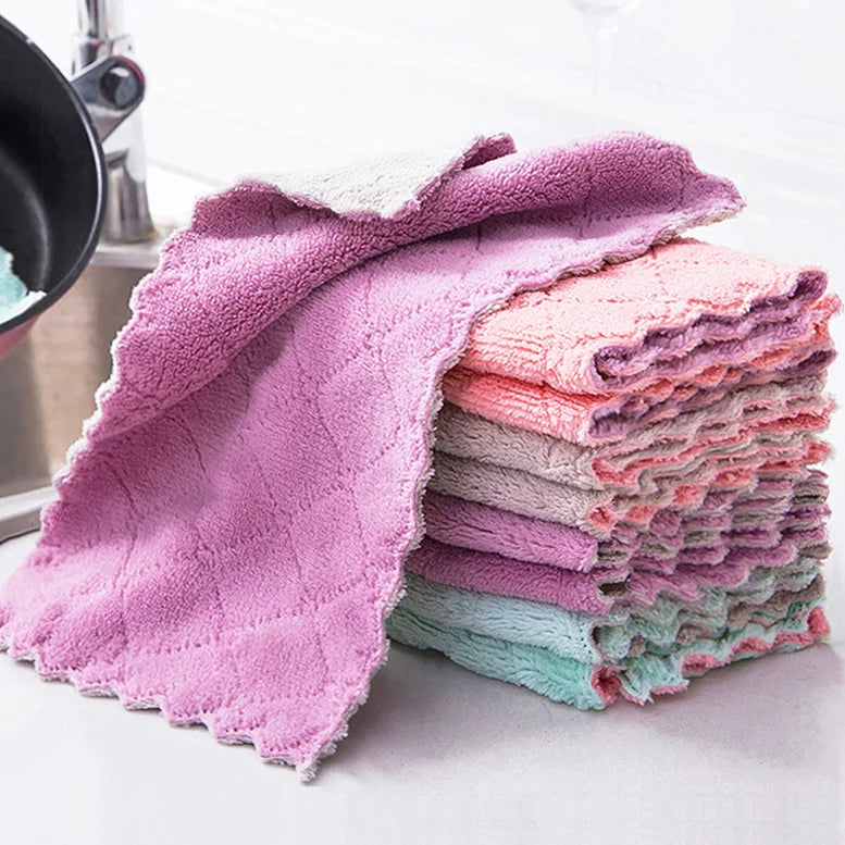Double-Layer Microfiber Cleaning Cloths Set - Absorbent Dish Towels for Kitchen