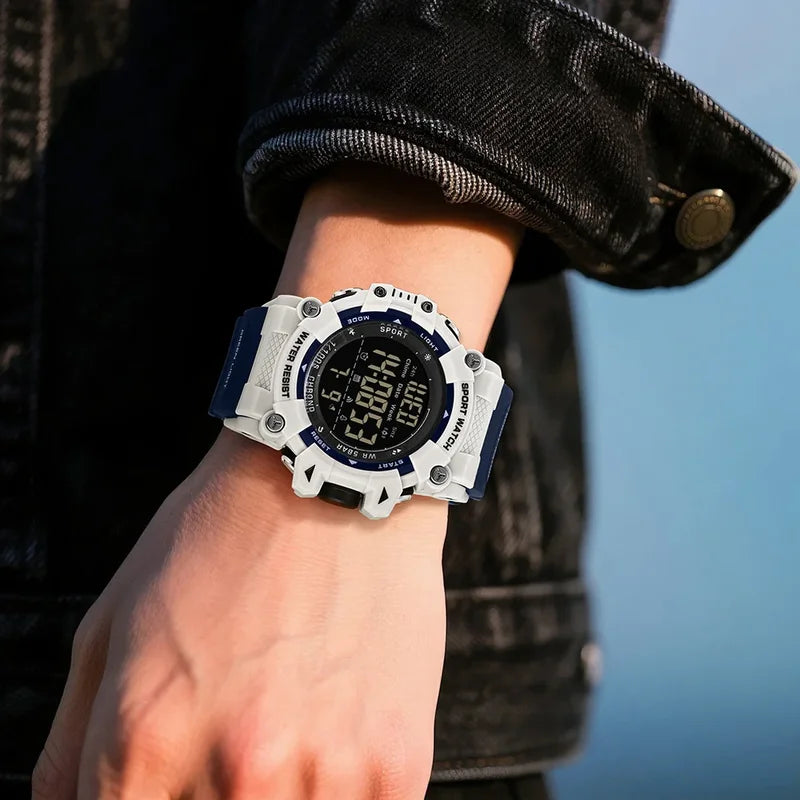 Men's Digital Waterproof LED Watch with Dual Time and Silicone Band
