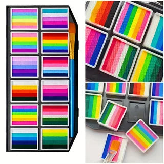 12-Color Rainbow Face & Body Paint Palette with Reusable PVC Stencils - Water-Based Creative Makeup Kit