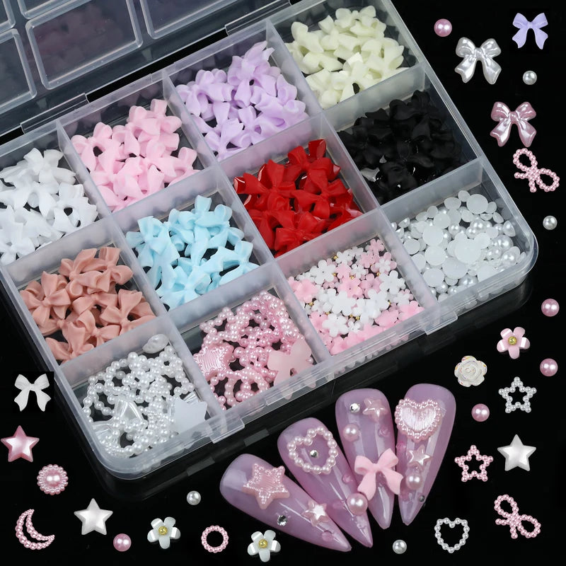 12 Grid Mixed 3D Color Resin Bow Pearl Heart Flat Back Diamond Nail Art Decorations