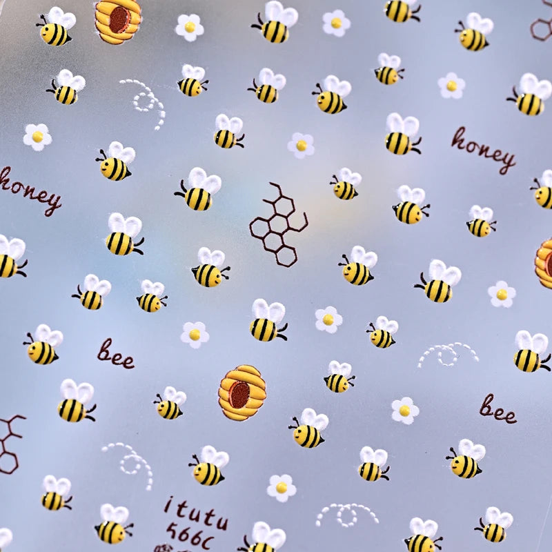 Cute Bee Daisy Flower Nail Art Stickers - 5D Embossed DIY Manicure Decals