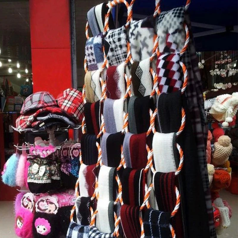 Foldable Scarf Organizer Rack with 28 Rattan-Weave Rings for Wardrobe & Display