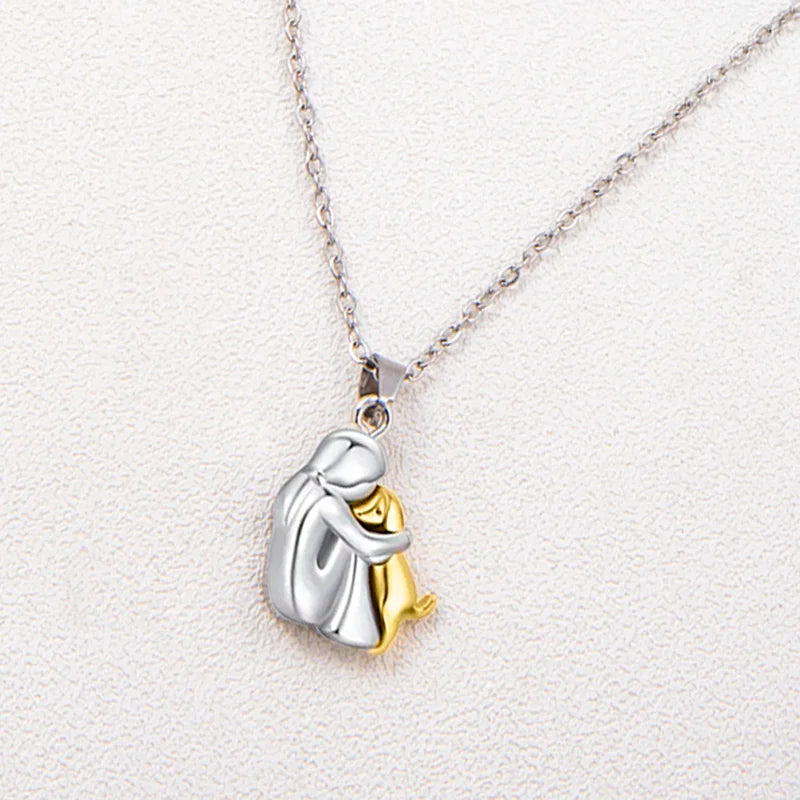 Cute Two Tone Girl Hugged Dog Necklace Pendant Jewelry for Women & Pets