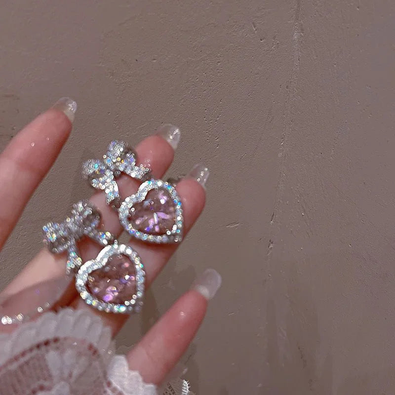 Pink Heart Shape Bowknot Stud Earrings with CZ Zircon for Women