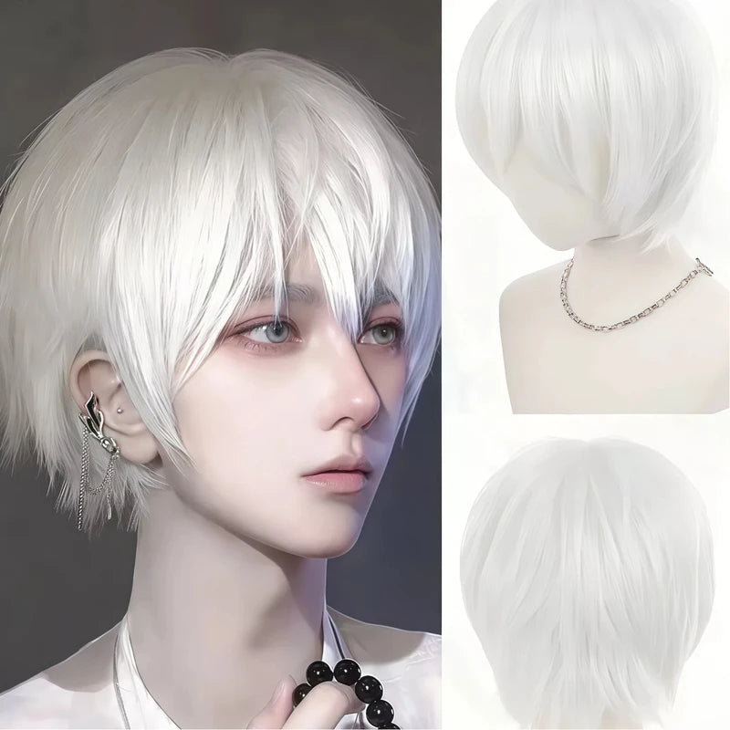 White Synthetic Short Hair Wig with Bangs – Heat-Resistant for Daily & Cosplay