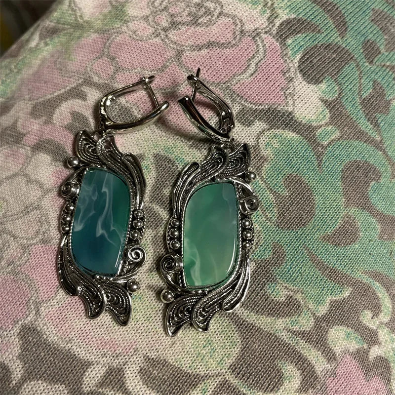 Vintage Green Stone Earrings Geometric Flower Silver Dangle Jewelry for Women