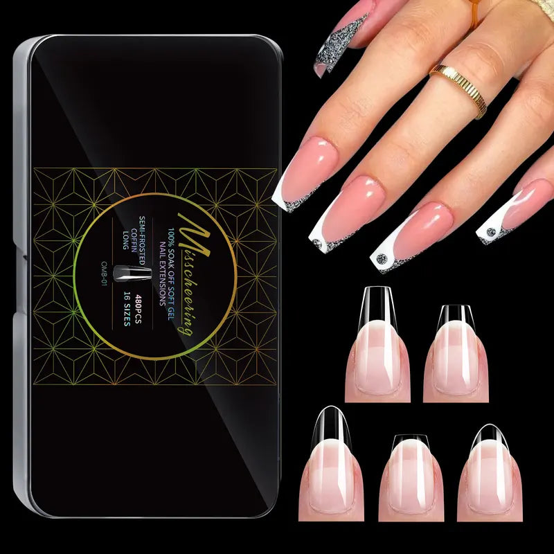 Soft Gel Fake Nail Tips 480pcs Almond Square Coffin French Half Frosted Press-On Nails