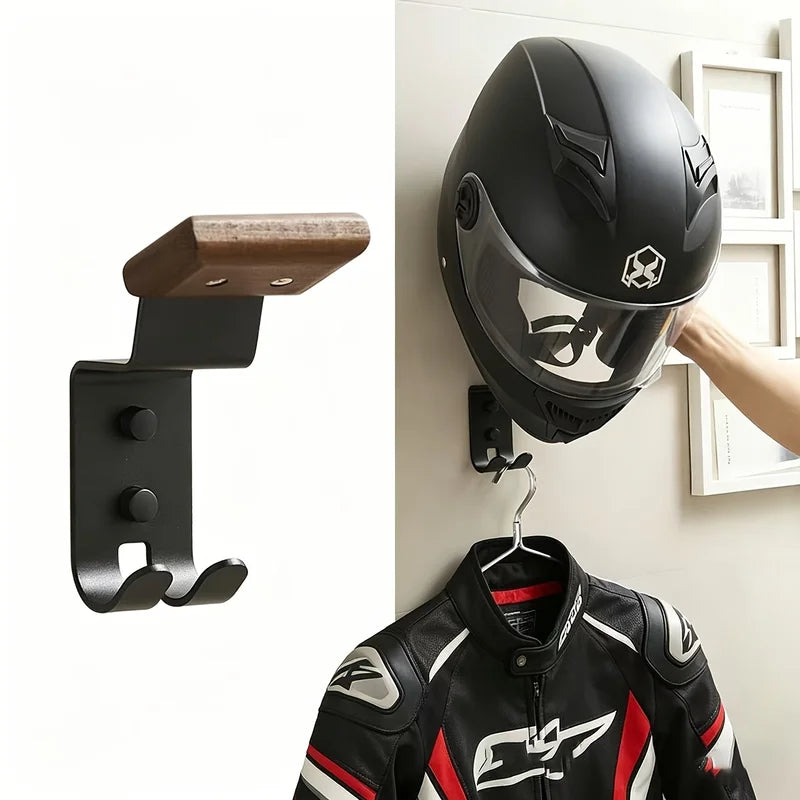 Motorcycle Helmet Wall Mount Holder Solid Wood & Steel Helmet Hanger