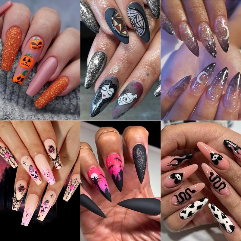 Halloween Fake Nail Tips 24-Piece Ghost & Pumpkin Spooky Design Press On Nails
