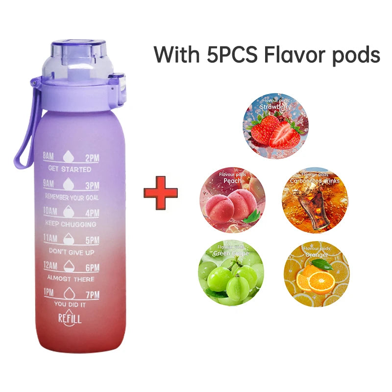 Reusable 1000ML Water Bottle with Straw & 5 Flavor Pods - Sports & Outdoor Active Hydration