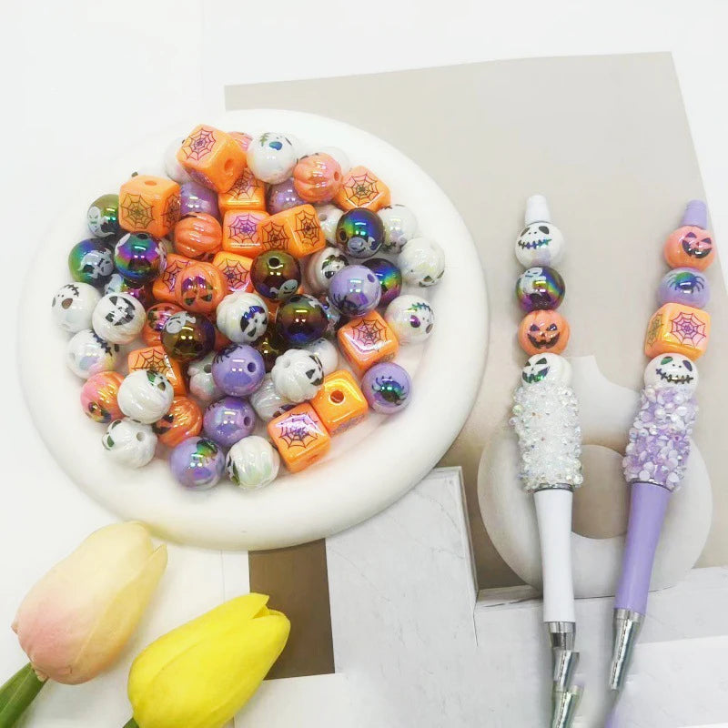 12PCS Acrylic Beads Halloween Printing UV Plating DIY Keychain Phone Chain Accessories