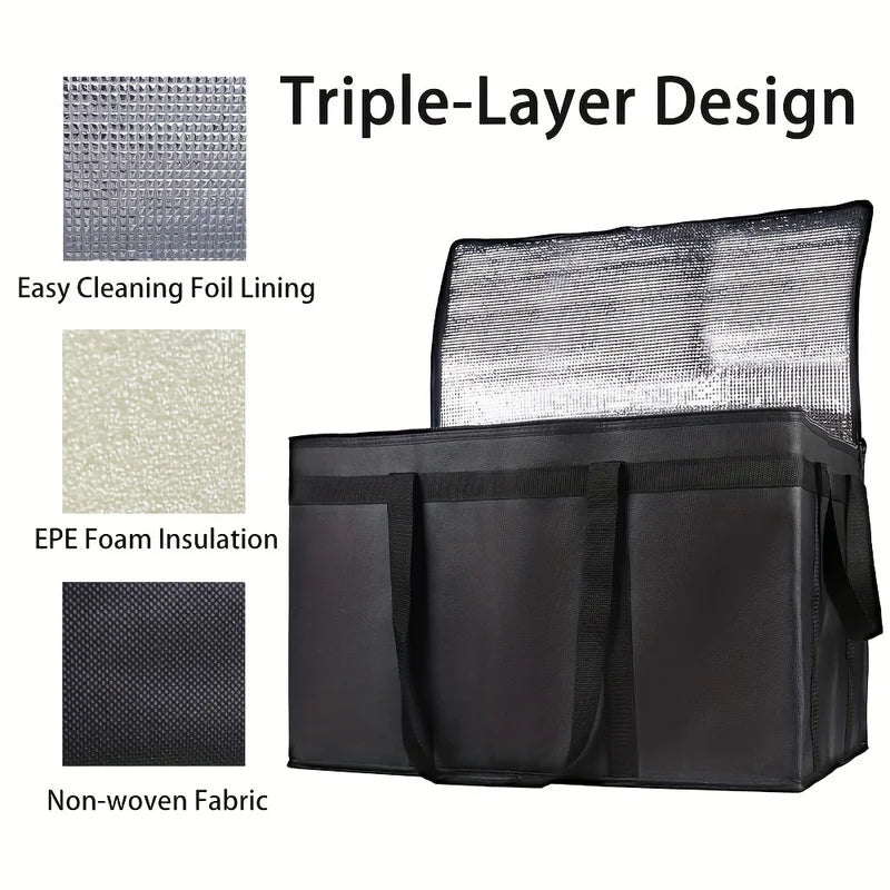 Large Reusable Insulated Food Bag - Foldable Hot Cold Takeout Tote