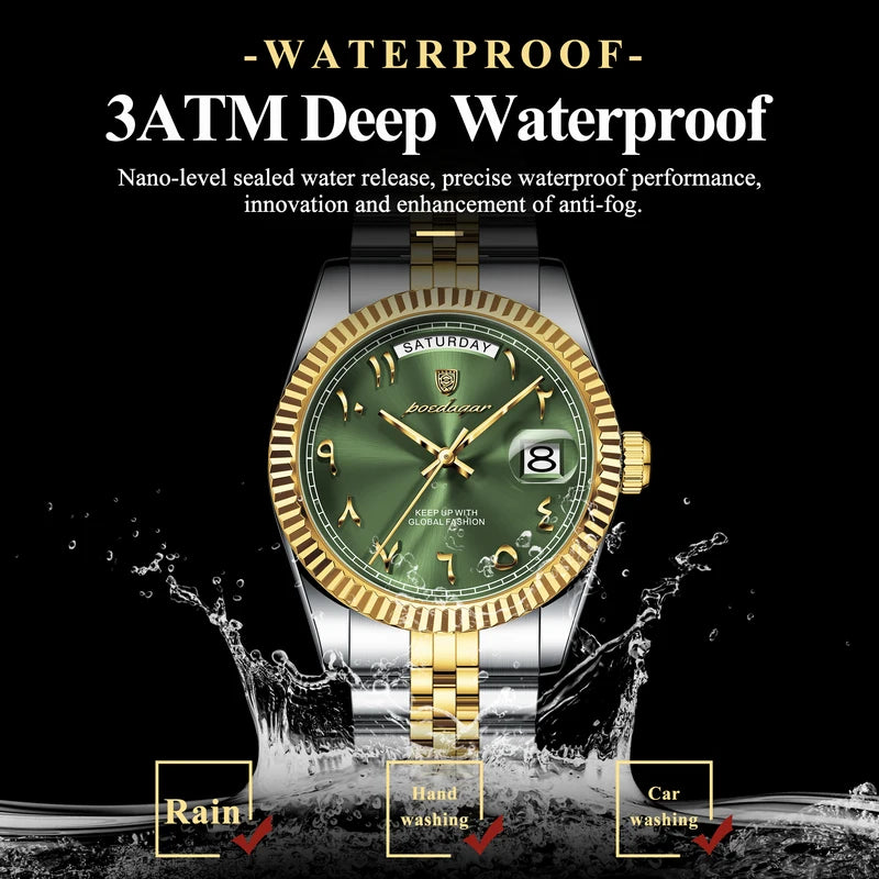 Men's Waterproof Stainless Steel Quartz Wristwatch with Date and Week Display