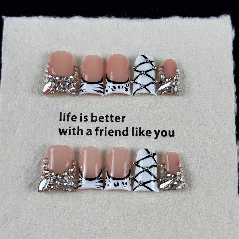 Luxury Hand-Painted Zebra Fake Nails with Glittering Diamonds - 10pcs